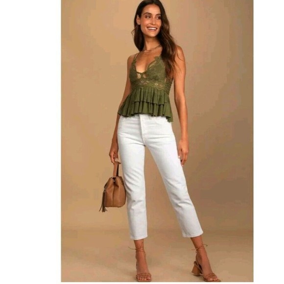 Free People Adela Cami Olive Green Tank Top Size M  Lace NWT  Party Cami - Picture 3 of 12